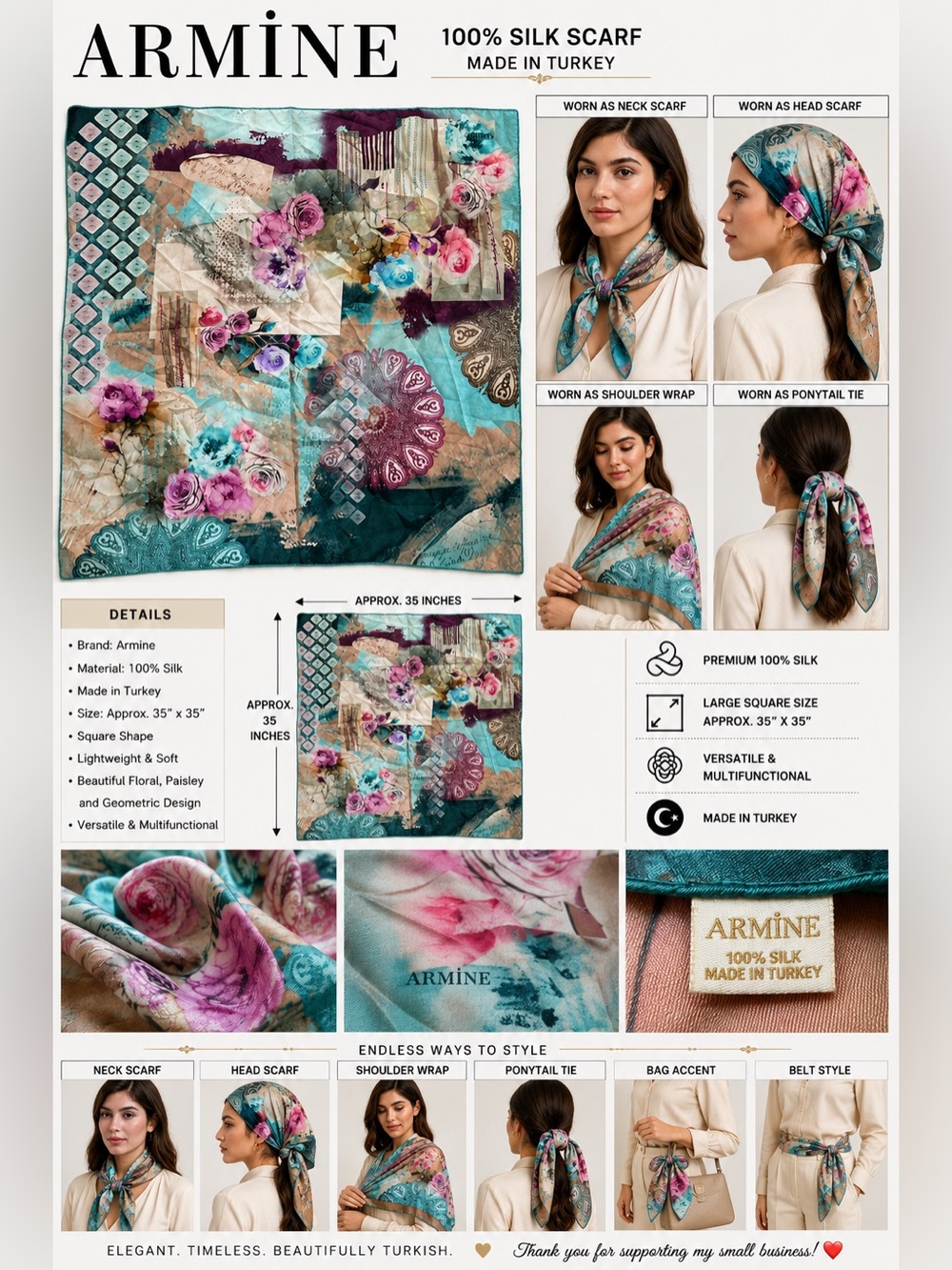 Armine 100% Silk Scarf Women 35" Square Floral Paisley Multicolor Made Turkey